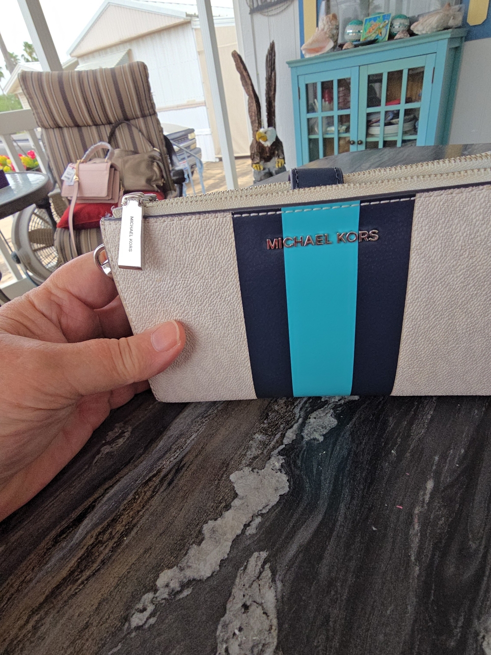 MICHAEL KORS EUCJet Set Signature Double Wallet/Wristlet Navy & Turquoise Stripe - Picture 4 of 9